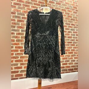 Cocktail dress, solid black sequins beaded long sleeve dress size 4